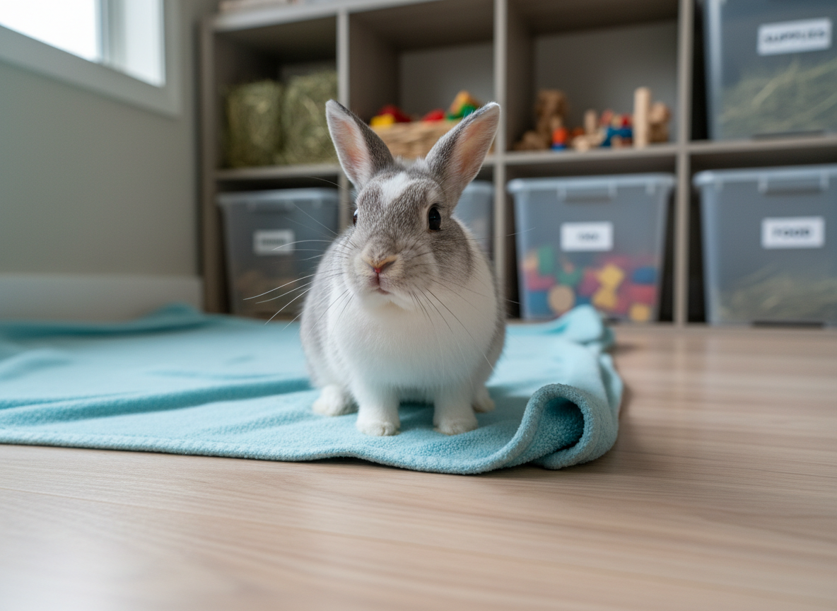 A small, alert rabbit with soft white and light gray fur sits centered in a clean indoor environment, its whiskers clearly defined and ears gently tilted forward. The rabbit rests on a neatly folded, pastel-blue fleece blanket atop a smooth, light-wood floor. Behind it, a subtly blurred background shows organized shelves with neatly stacked hay, colorful chew toys, and labeled supply bins, reinforcing a professional rescue setting. Soft, diffused daylight from a nearby window bathes the scene, creating gentle highlights on the rabbit’s fur and faint shadows beneath its paws. Photographic realism, shot at eye level with a shallow depth of field, creates an intimate, calm, and trustworthy atmosphere suitable for a nonprofit rabbit rescue homepage hero image.