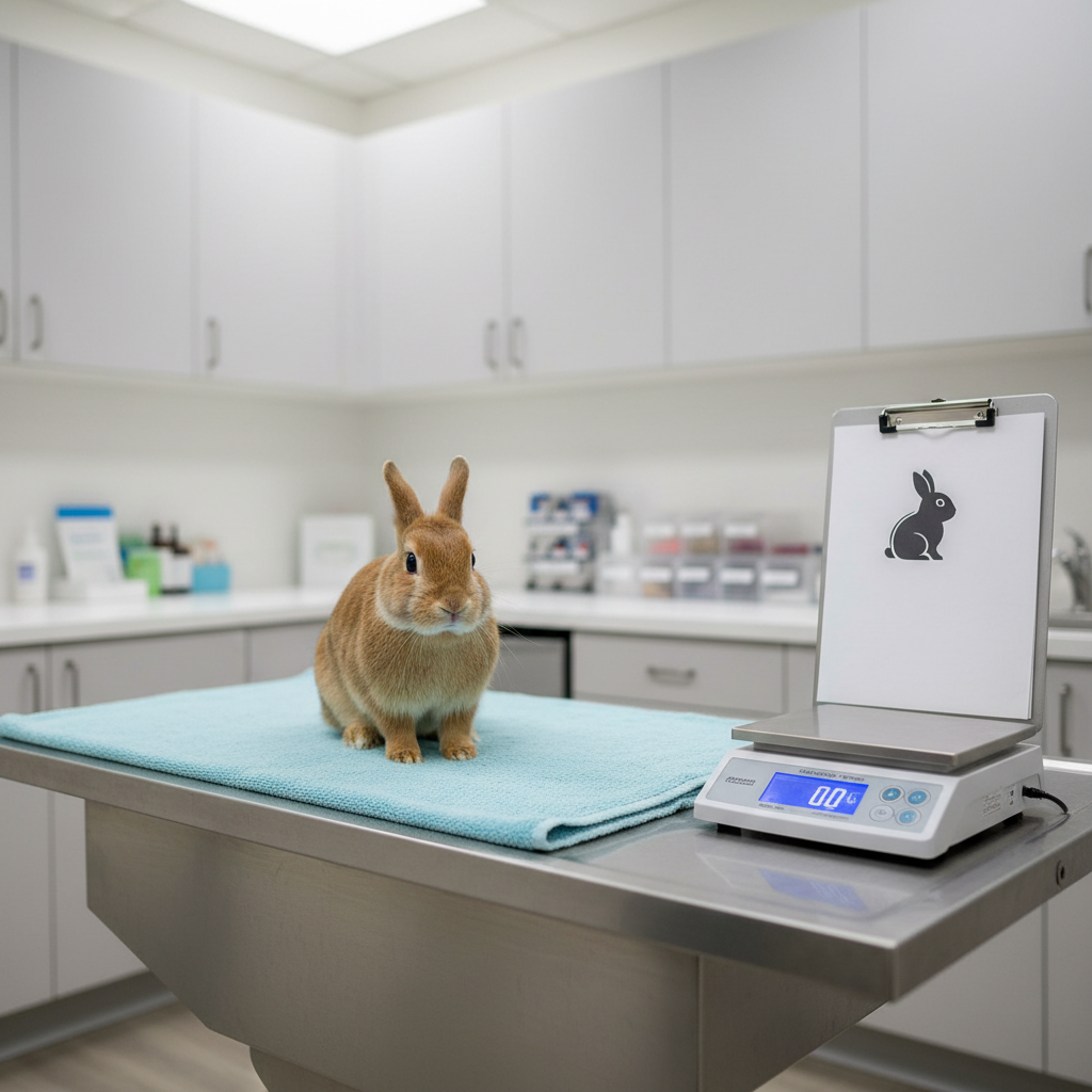 A serene intake and wellness area within a rabbit rescue, captured in photographic realism. A sturdy, stainless steel veterinary exam table is topped with a neatly folded, sky-blue towel where a small tan rabbit calmly sits, its fur smooth and well-groomed. To one side, an organized counter holds labeled medical supplies, a digital scale, and a clipboard with a visible rabbit-shaped logo. The background features cabinets in soft white and light gray tones, slightly out of focus to maintain cleanliness and order. Bright but diffused overhead lighting creates a clinical yet gentle ambiance, with minimal shadows and clear visibility of all details. Shot at an eye-level angle with balanced composition, the mood is reassuring, competent, and compassionate, emphasizing professional care for rescued bunnies.