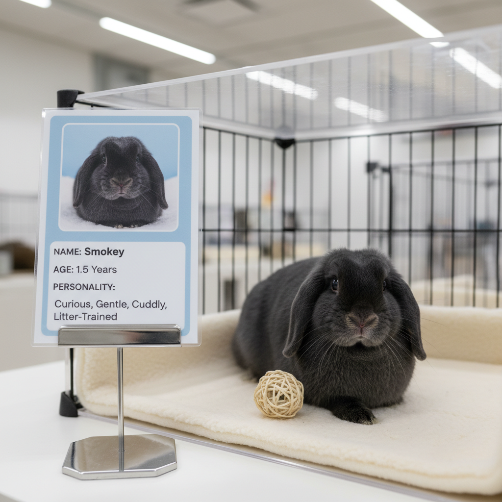 A close-up, photographic realistic image of a rabbit adoption profile setup: a laminated information card clipped to a sleek, silver stand beside a spacious enclosure. The card shows a large photo of a gray lop-eared rabbit and organized text sections for name, age, and personality traits, all laid out in a clean, modern design. Beside the card, the actual lop rabbit, with velvety charcoal fur and long relaxed ears, rests on a soft cream fleece pad with a woven grass toy nearby. Gentle, diffused indoor lighting from overhead LEDs casts soft, even light with minimal shadows. Shot at a slight angle using the rule of thirds, background softly blurred, the mood is warm, informative, and reassuring, emphasizing the rescue’s professional adoption process.