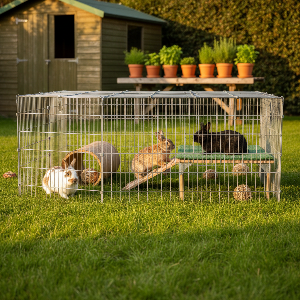 An outdoor exercise area designed for rescued rabbits, in photographic realism. A secure, spacious playpen with fine mesh panels stands on lush, evenly trimmed green grass. Inside, three rabbits of different colors—a white-and-brown Dutch, a sandy agouti, and a sleek black rabbit—explore cardboard tunnels, wooden ramps, and a low platform covered in soft, washable mats. In the background, a neat wooden storage shed and a row of potted herbs in terracotta pots suggest a well-maintained, nature-friendly rescue space. Late afternoon golden-hour sunlight filters in from the side, casting long, gentle shadows and creating warm highlights on the rabbits’ fur. Shot from a slightly low angle with moderate depth of field, the scene feels joyful, safe, and enriching, ideal for showcasing quality outdoor time for rescued bunnies.