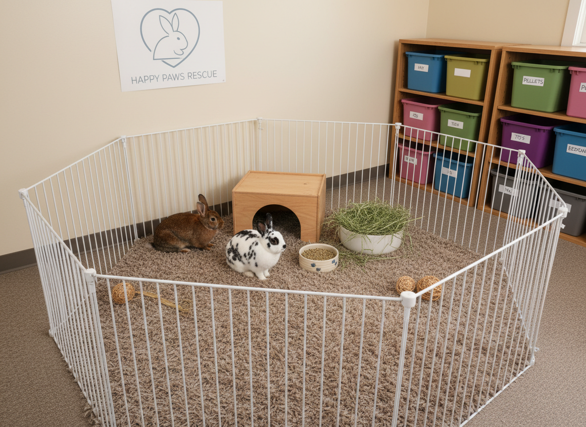 A cozy, well-organized rabbit enclosure inside a rescue facility, featuring a spacious x-pen with white metal bars surrounding a soft, taupe-colored rug. Inside the pen, two medium-sized rabbits, one chestnut brown and one black-and-white spotted, lounge beside a low wooden hideout and a neatly arranged pile of fresh green hay in a ceramic bowl. The background shows a clean, neutral wall with a simple rescue logo poster and shelves of clearly labeled, color-coordinated storage boxes. Soft overhead lighting combined with gentle daylight from an unseen window creates even illumination and minimal harsh shadows. Photographic realism, shot from a slightly elevated angle with sharp focus throughout, conveying professionalism, safety, and attentive care in the rescue environment.